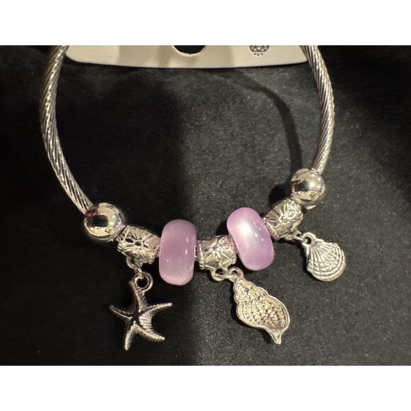 Mint Stainless Steel Starfish Shell Crystal Charm Silvertone Bangle Bracelet NEW - Picture 3 of 6